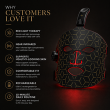 A black LED red light therapy face mask with gold geometric lines and red illuminated accents, shown against a dark background with marketing text on the left.