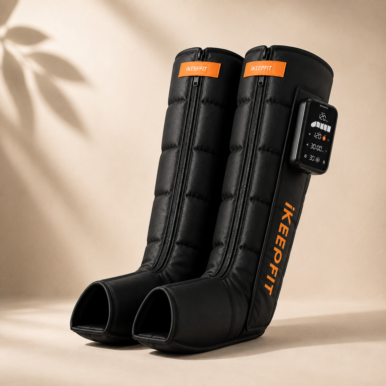 A pair of black KeepFit calf massage boots with an attached digital control unit, displayed on a warm beige background with soft leaf shadows.