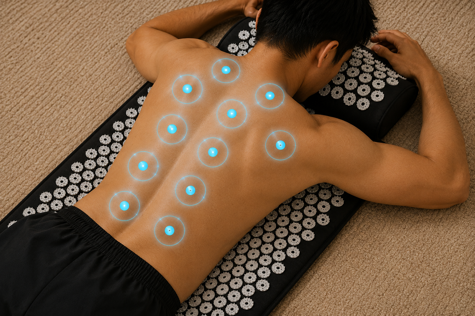 A man lies face down on a black massage/acupressure mat with rows of white circular knobs, placed on a beige carpet. Glowing blue circles highlight specific back pressure points.