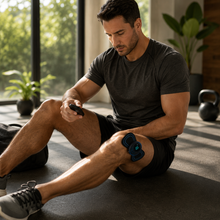 A man sits on a gym floor looking at his phone, wearing a black athletic t-shirt, black shorts, and a blue and black knee sleeve. The background shows a bright gym interior with plants and a kettlebell.