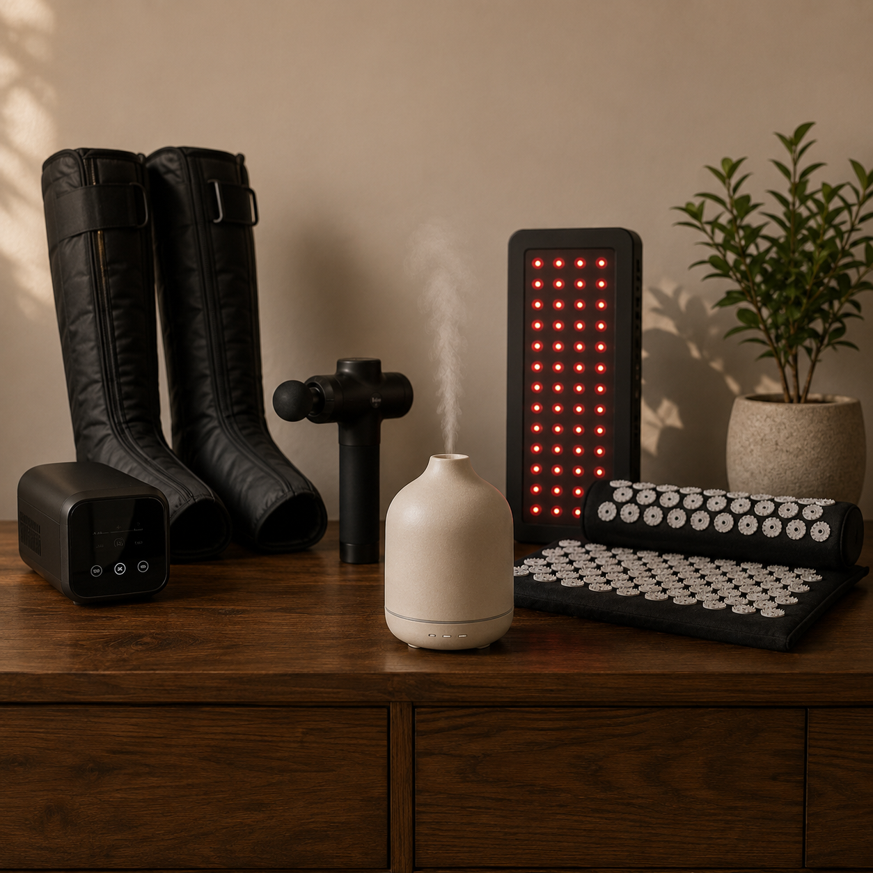 A wellness product set arranged on a wooden cabinet against a beige wall, including black sleeve-style massage boots, a black LED light panel, a white diffuser-style humidifier emitting mist, a black rectangular controller, a rolled mat with circular controls, and a potted plant.
