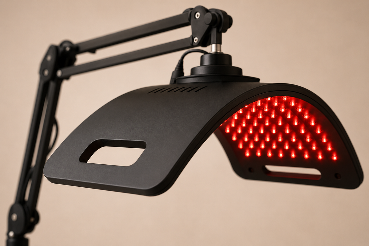 A black LED light therapy panel mounted on an adjustable black arm, shown against a solid beige background. The panel is illuminated, casting a bright red glow from the front-facing LED grid.