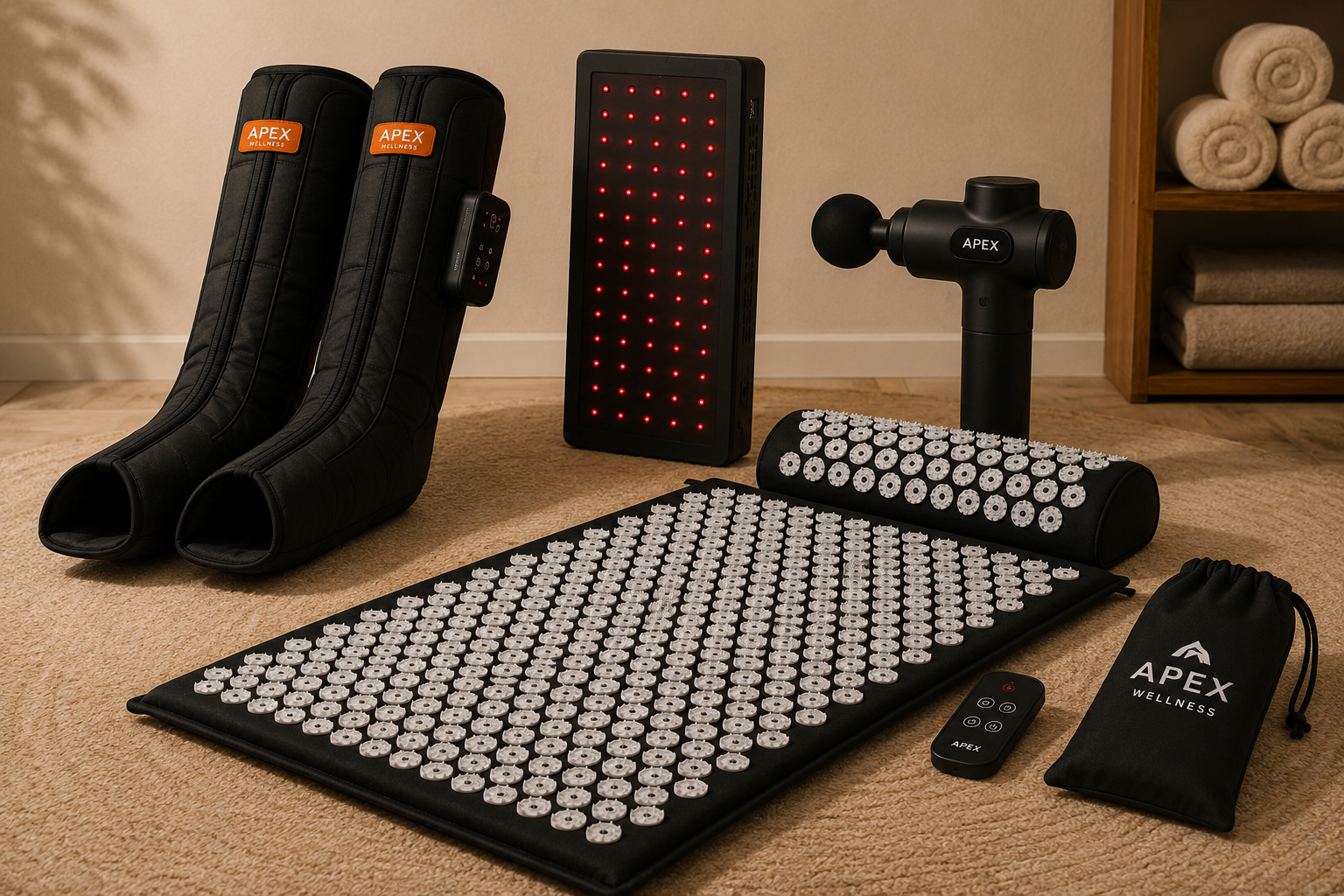 APEX Wellness massage and foot care set on a beige carpet, including black massage boots, a red LED panel, a handheld massage gun, a massage mat with acupressure points, a cylindrical roller, a remote, and a black drawstring bag.