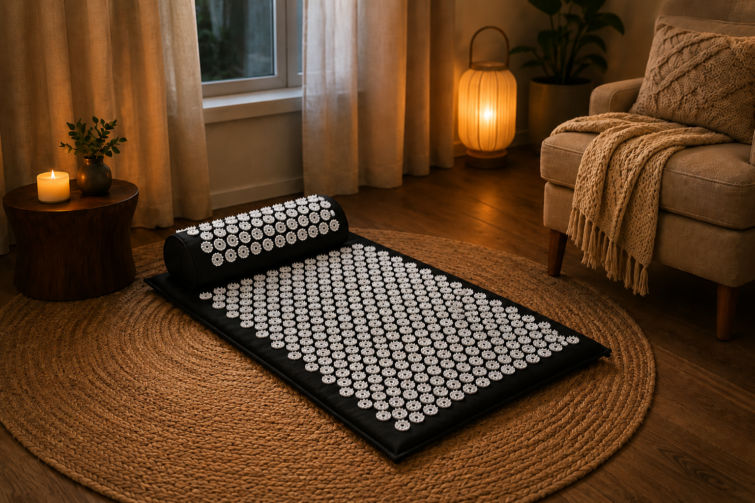 A black acupressure mat with white circular massage nodes is shown in a cozy, warmly lit living room setting on a woven jute rug, next to an armchair and a lit lantern lamp.