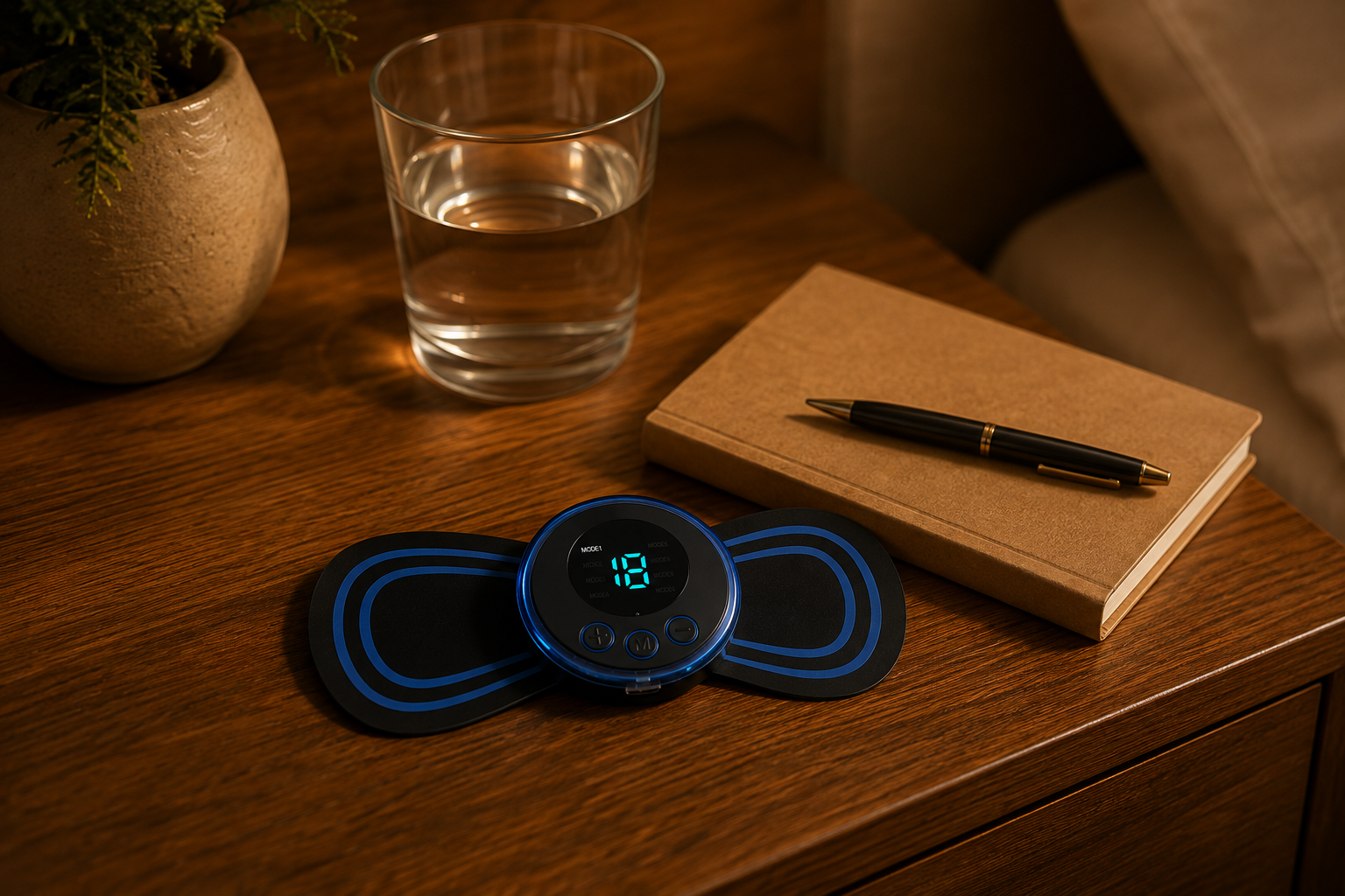 A blue and black electronic muscle stimulator device with a digital display sits on a wooden bedside table next to a glass of water, a notebook, and a pen.
