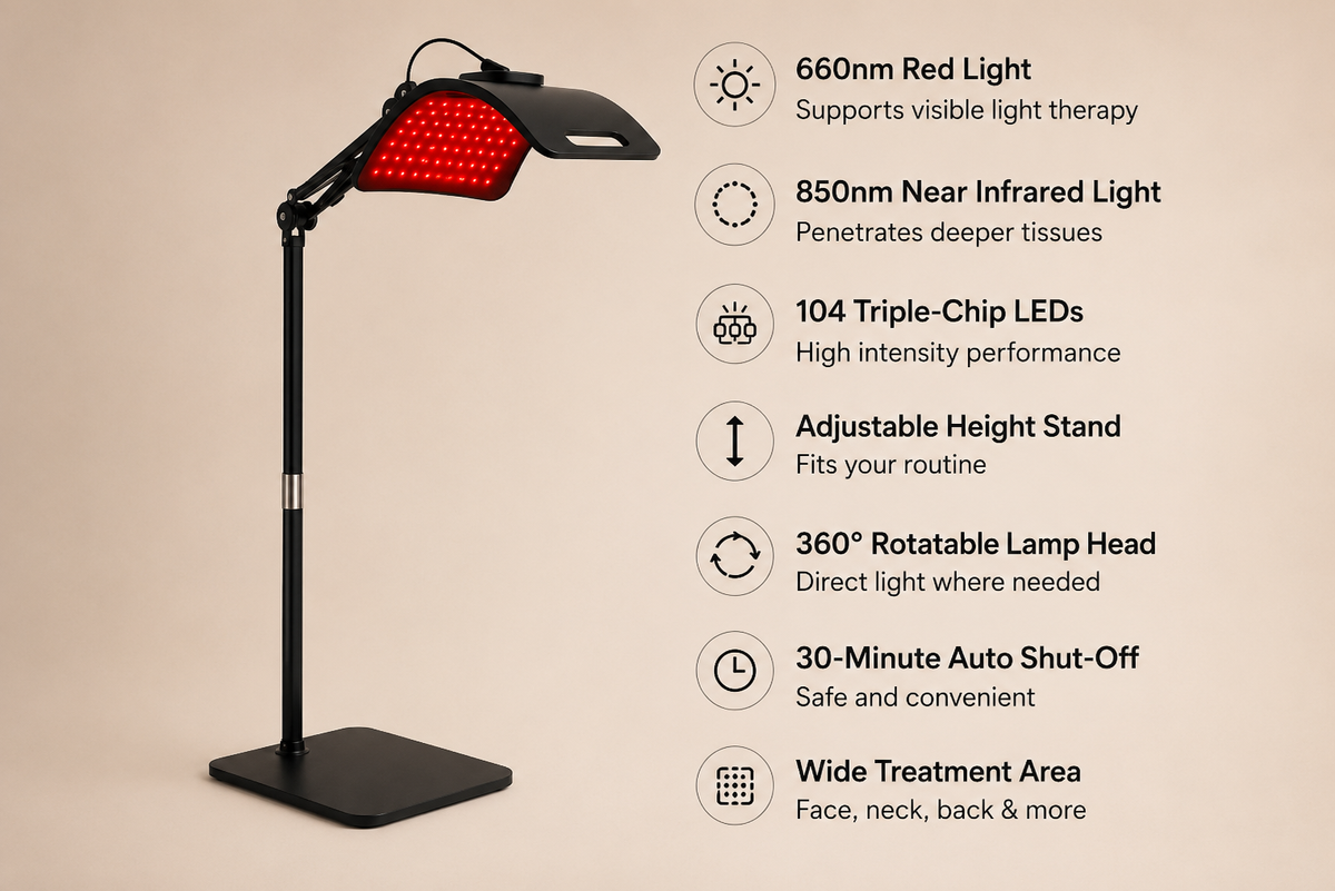 A black LED red light therapy lamp with a flexible arm and square base, shown beside a list of features on a beige background.
