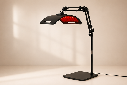 A black LED light therapy panel on a flexible adjustable arm with a flat square base, shown casting a red light beam against a warm beige wall.