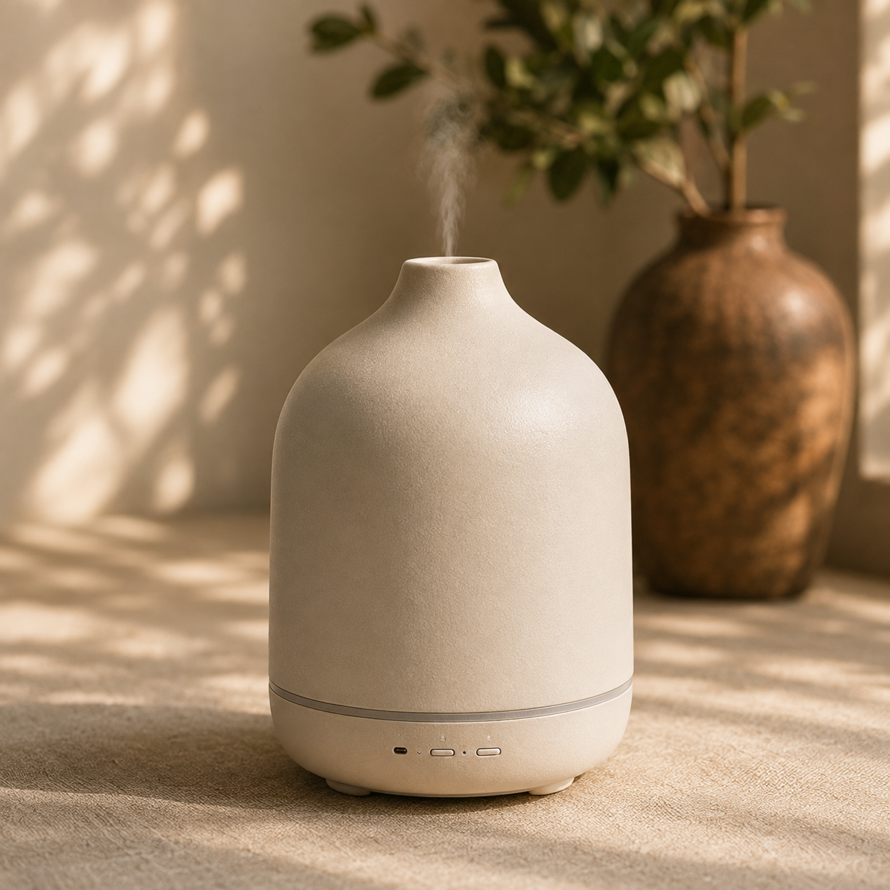A minimalist ceramic diffuser with a matte textured finish sits on a stone surface, emitting a fine mist. The background features warm sunlight casting leaf shadows and a rustic brown ceramic vase with green leaves.