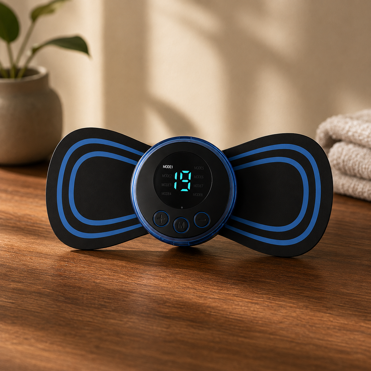 A black and blue electronic muscle stimulator massager with a digital display screen, resting on a wooden table in a warm, softly lit room.