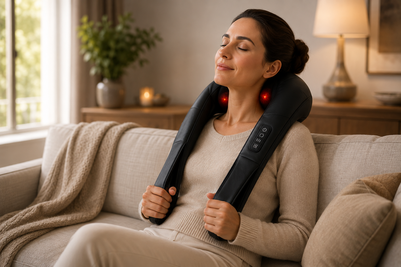 A woman sits on a beige sofa in a living room, using a black neck and shoulder massager with red illuminated nodes. The setting includes a window, a lamp, and a potted plant in the background.