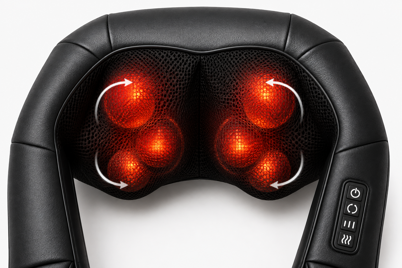 Black massage headband with illuminated red massage nodes and white rotation arrows showing massage motion, plus a control panel on the side, on a white background.