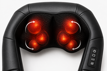 Black massage headband with illuminated red massage nodes and white rotation arrows showing massage motion, plus a control panel on the side, on a white background.