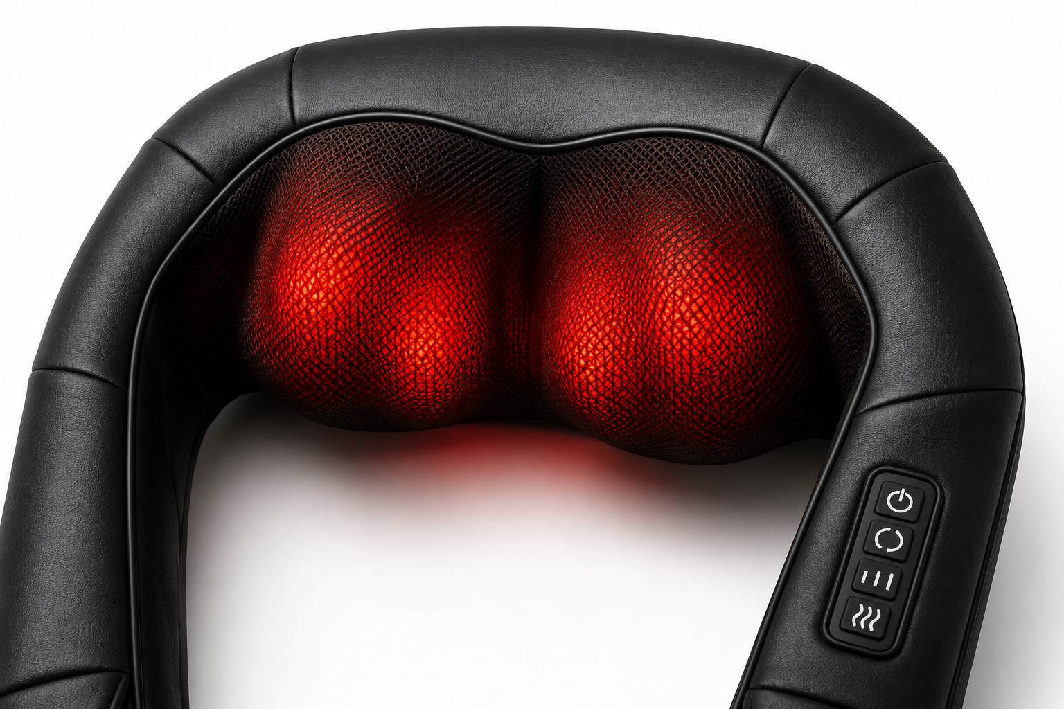 Black neck and shoulder massage pillow with two glowing red heated massage nodes and a control panel on the side, shown on a white background.