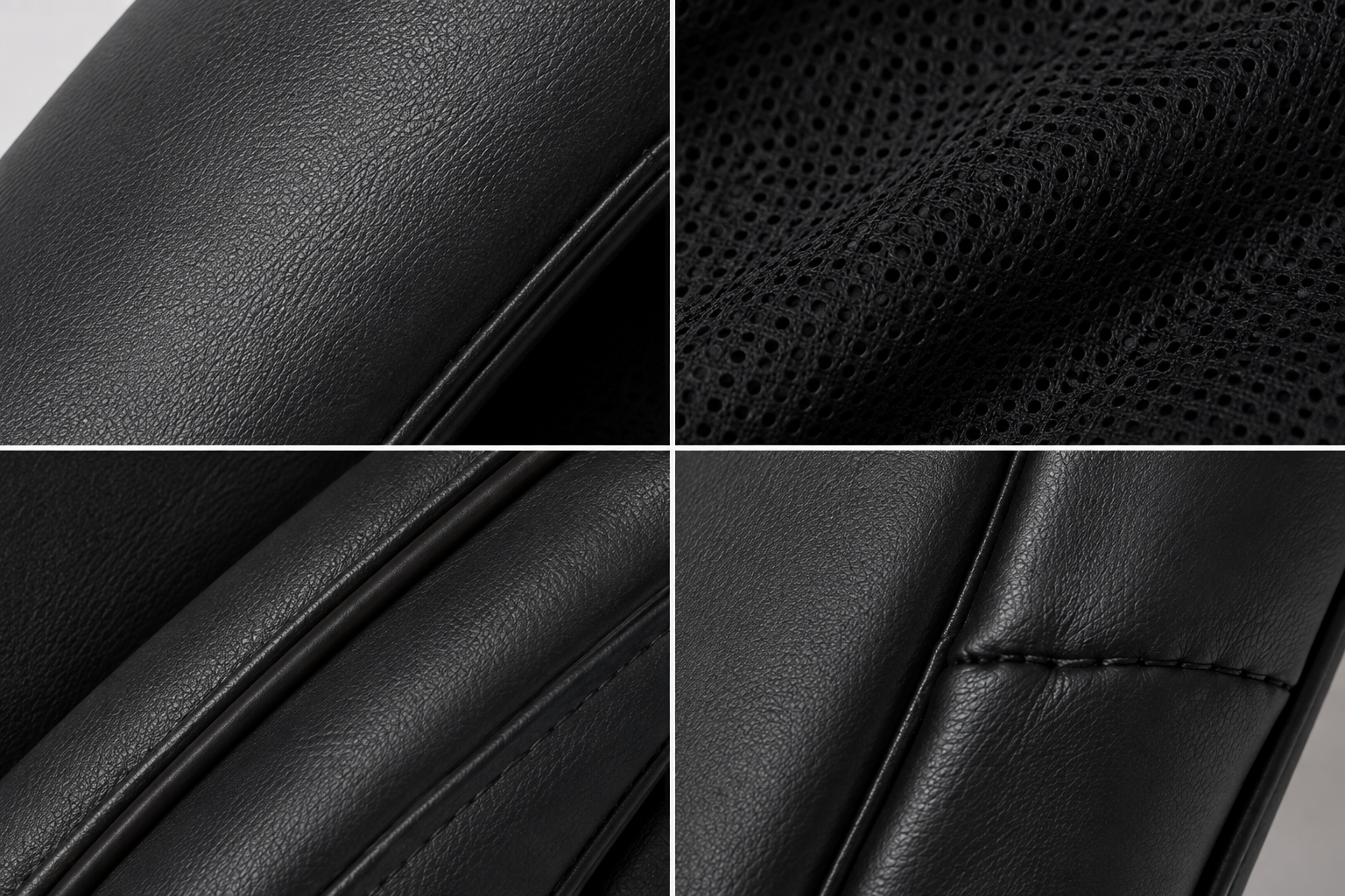 Four close-up panels showing the texture and construction of a black leather or faux-leather product, including grain leather, perforated mesh, stitched seams, and edge detailing.