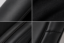 Four close-up panels showing the texture and construction of a black leather or faux-leather product, including grain leather, perforated mesh, stitched seams, and edge detailing.
