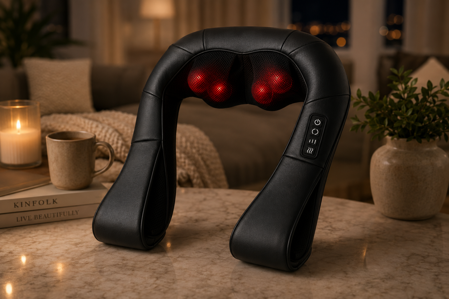 A black neck and shoulder massager with red massage nodes and a side control panel, displayed on a marble countertop in a cozy, warmly lit living room setting.