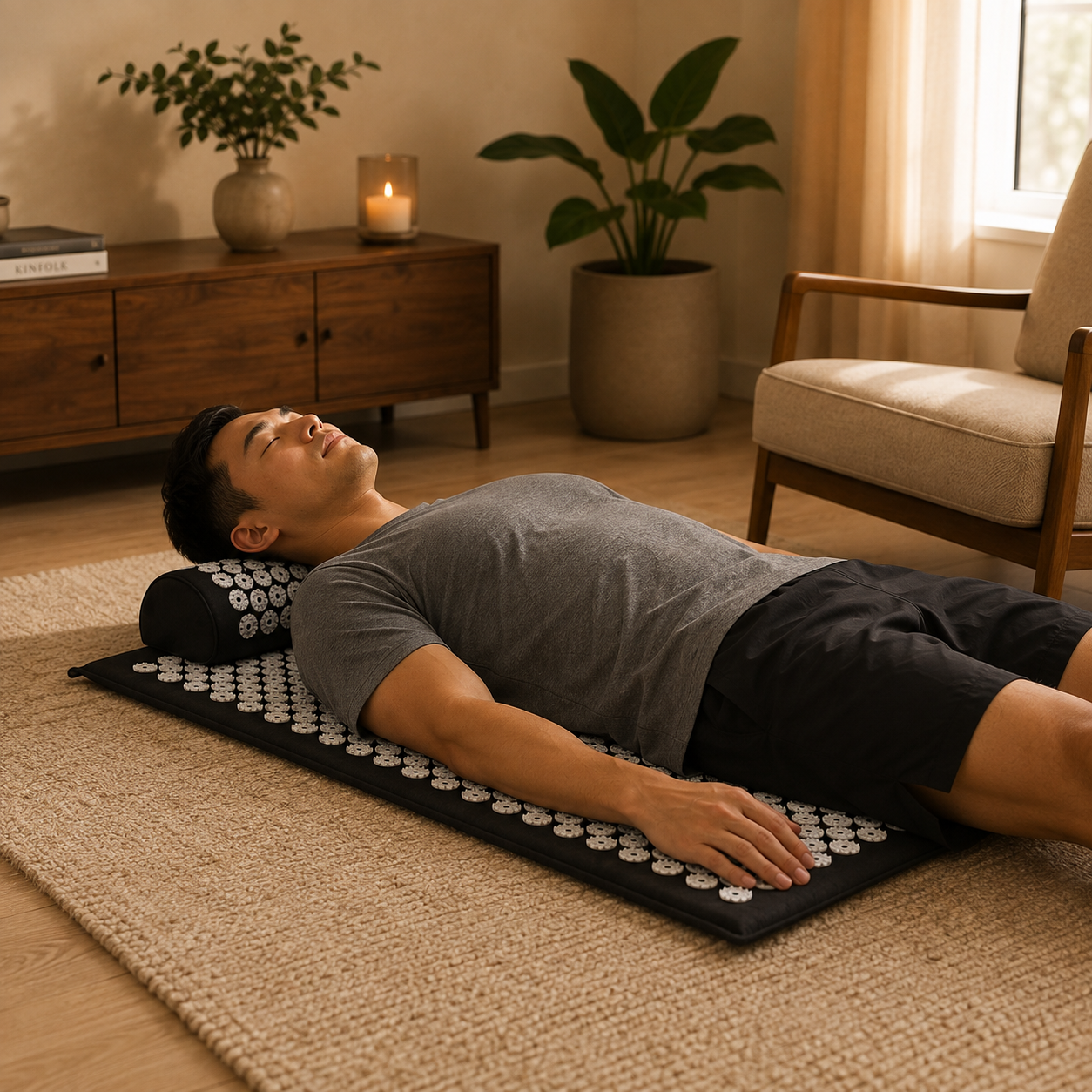 A man lies relaxed on a black acupressure mat with circular pressure nodes, resting on a beige rug in a softly lit living room. The mat includes a matching black head pillow.