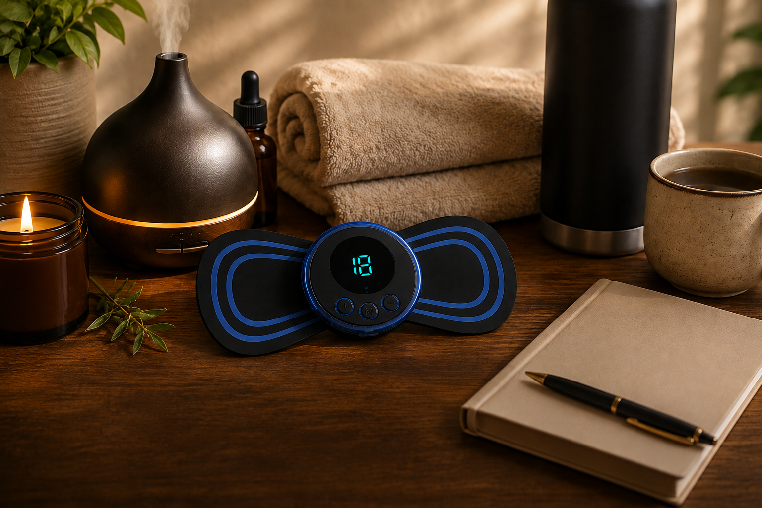 A blue and black electronic muscle stimulator device with a digital display sits on a wooden table surrounded by wellness props including a diffuser, candle, towel, notebook, and cup.