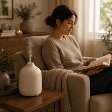 A woman sits in a beige armchair reading a book in a cozy, softly lit room. A white diffuser is visible on a wooden side table beside her, emitting a gentle mist.