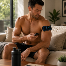 A shirtless man sitting on a beige couch in a home setting, holding a smartphone while wearing a blue and black muscle stimulator patch on his upper arm.