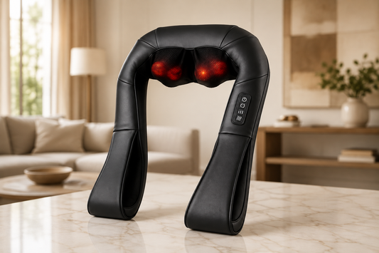 A black neck and shoulder massage device with glowing red massage nodes, standing on a light marble countertop in a modern, softly blurred living room.