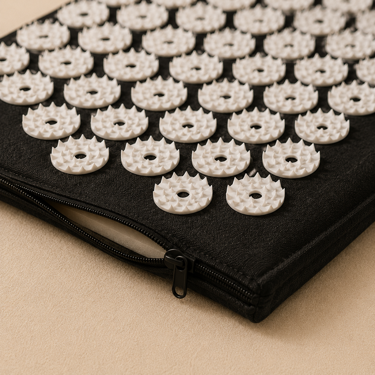 Close-up of a black zippered acupressure mat with multiple circular white textured nubs, photographed on a beige surface.