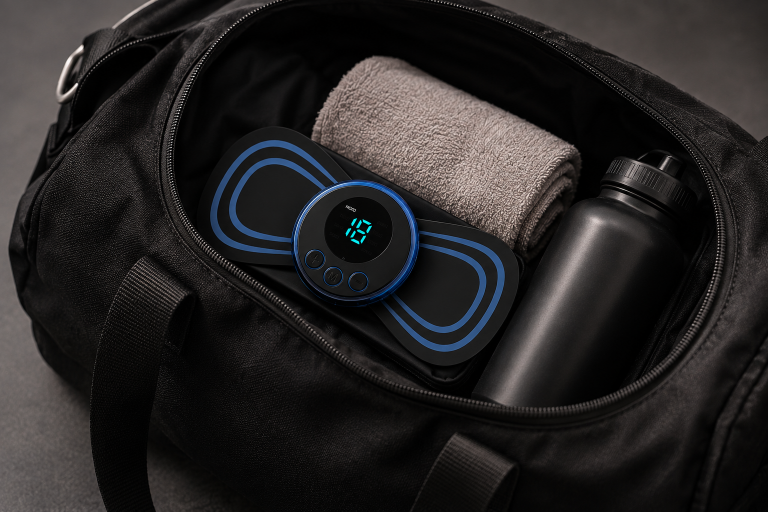 A black electric massager device with blue trim and a digital display sits inside an open black duffel bag, alongside a rolled gray towel and a black bottle.