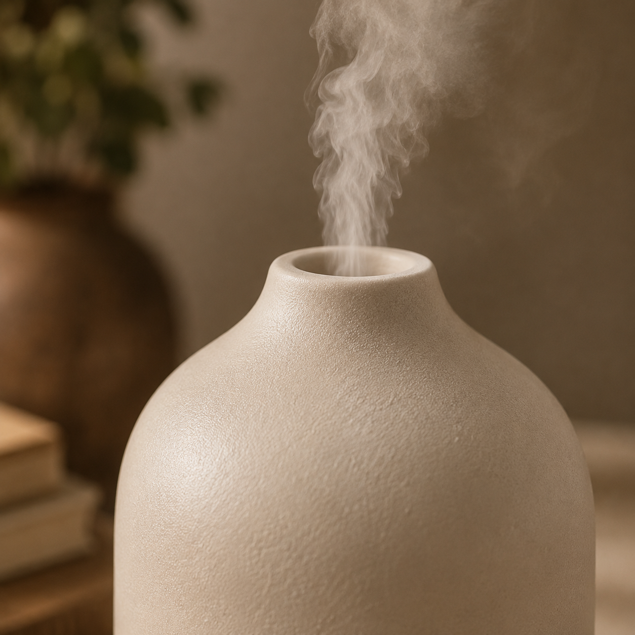 A close-up of a textured ceramic diffuser or vase with white mist rising from the top, set against a warm, softly blurred background with a plant and books.