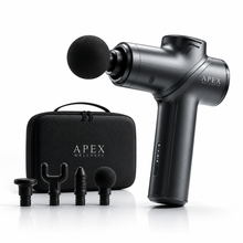 Black Apex Wellness massage gun with foam attachment, shown with a black carrying case and four interchangeable massage heads on a white background.
